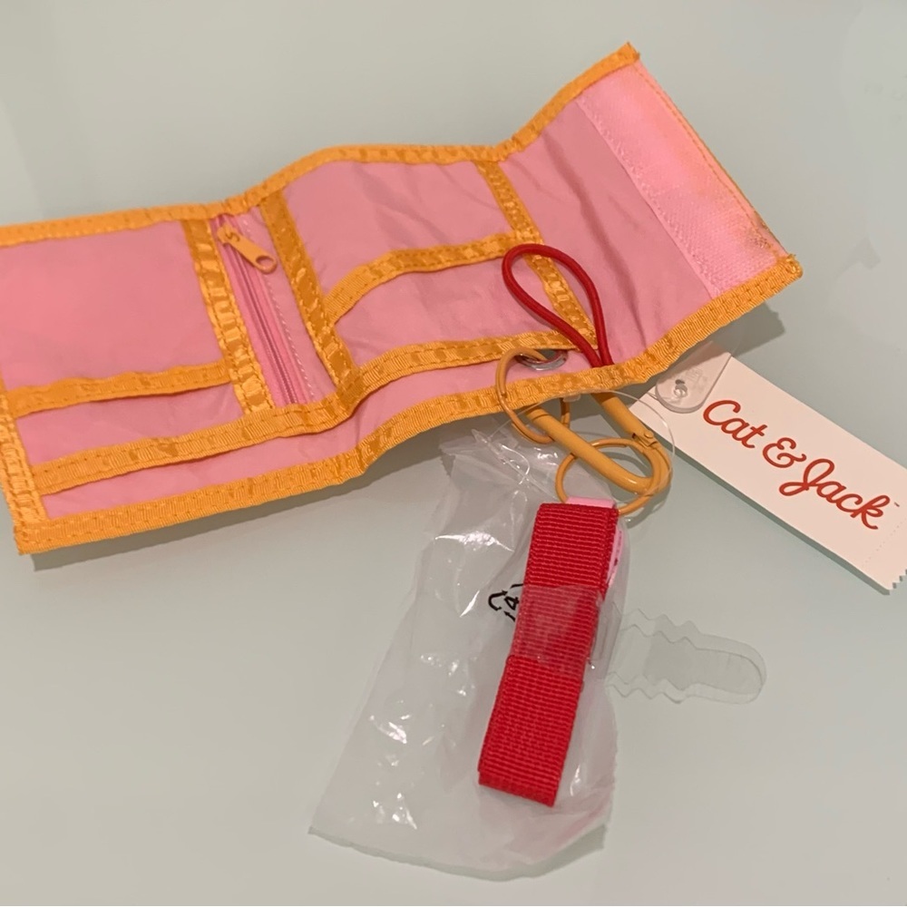 Cat‎ & Jack Girls Lanyard Wallet Pink Fuzzy Soft With Orange Trim Red Lanyard